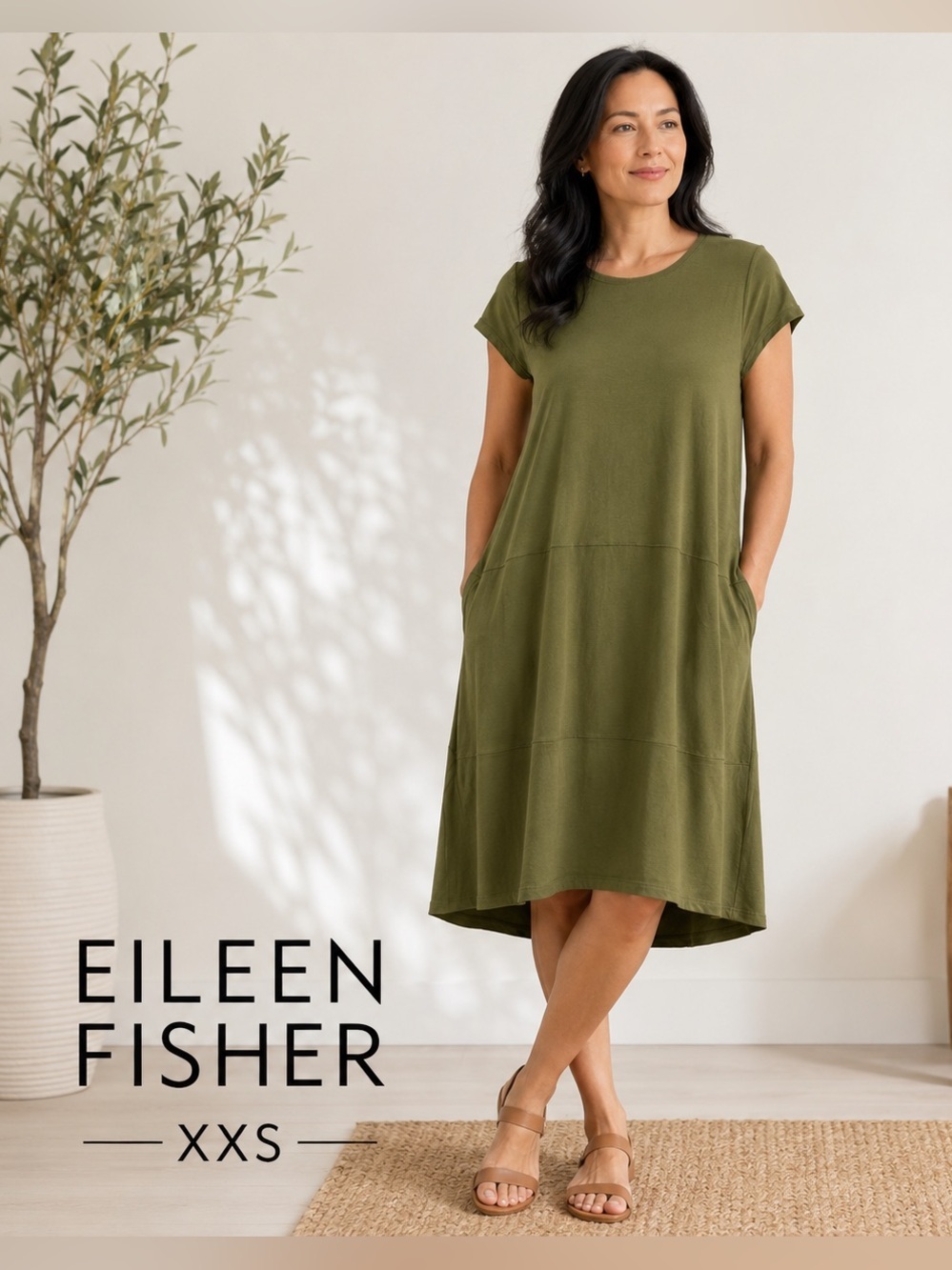 Eileen Fisher Olive Green Short Sleeve Knit Dress XXS Minimalist Cottagecore